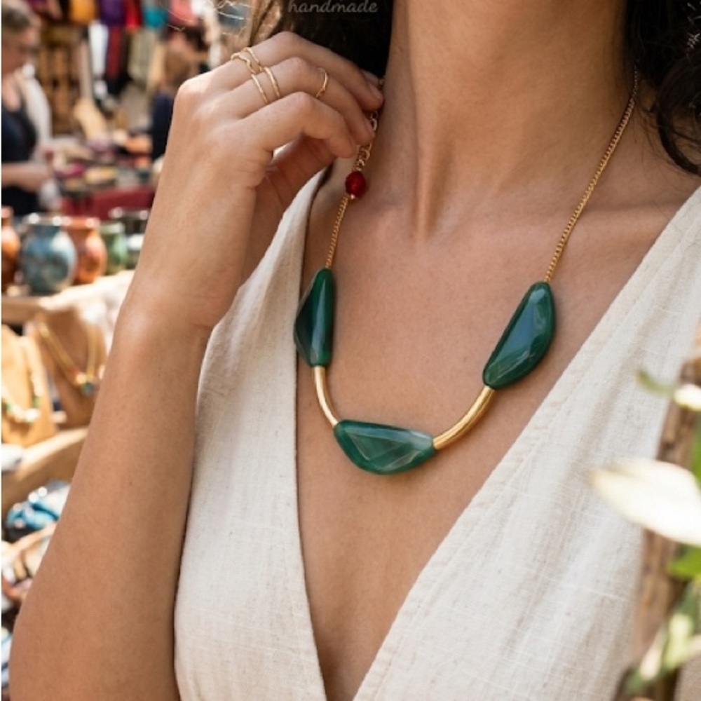 Green Agate Moon Necklace Handmade Artisan Stone Jewelry Bold Geometric Necklace